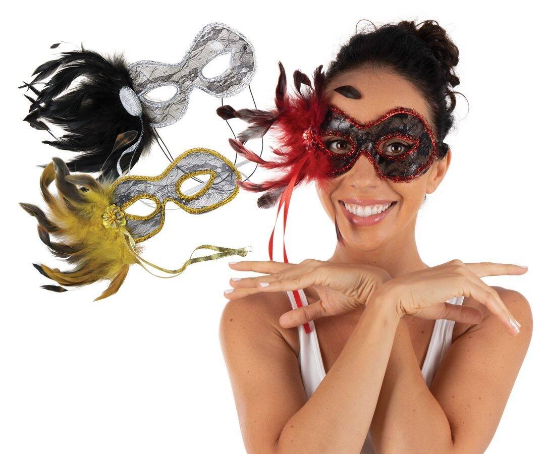 Costume Mask with Lace and Feathers (Silver) – Barry's Balloons