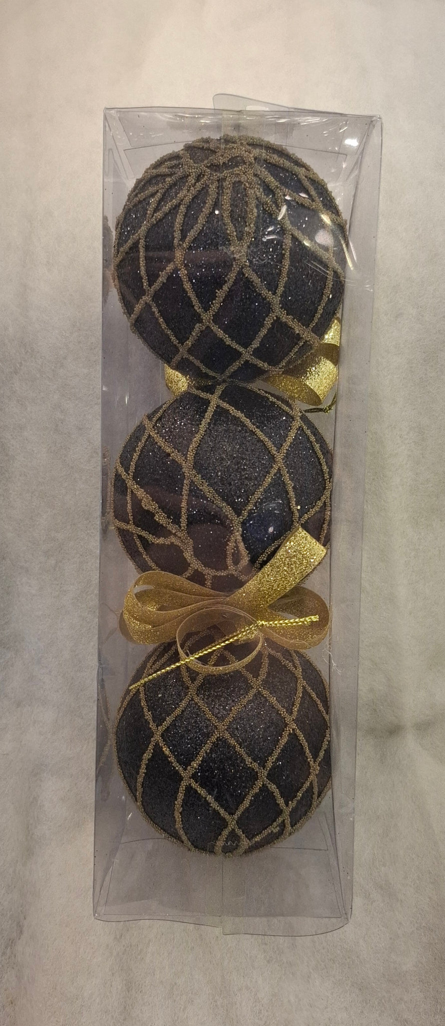 3 Christmas Baubles - Black glitter and Gold design 7cm - Strings Attached