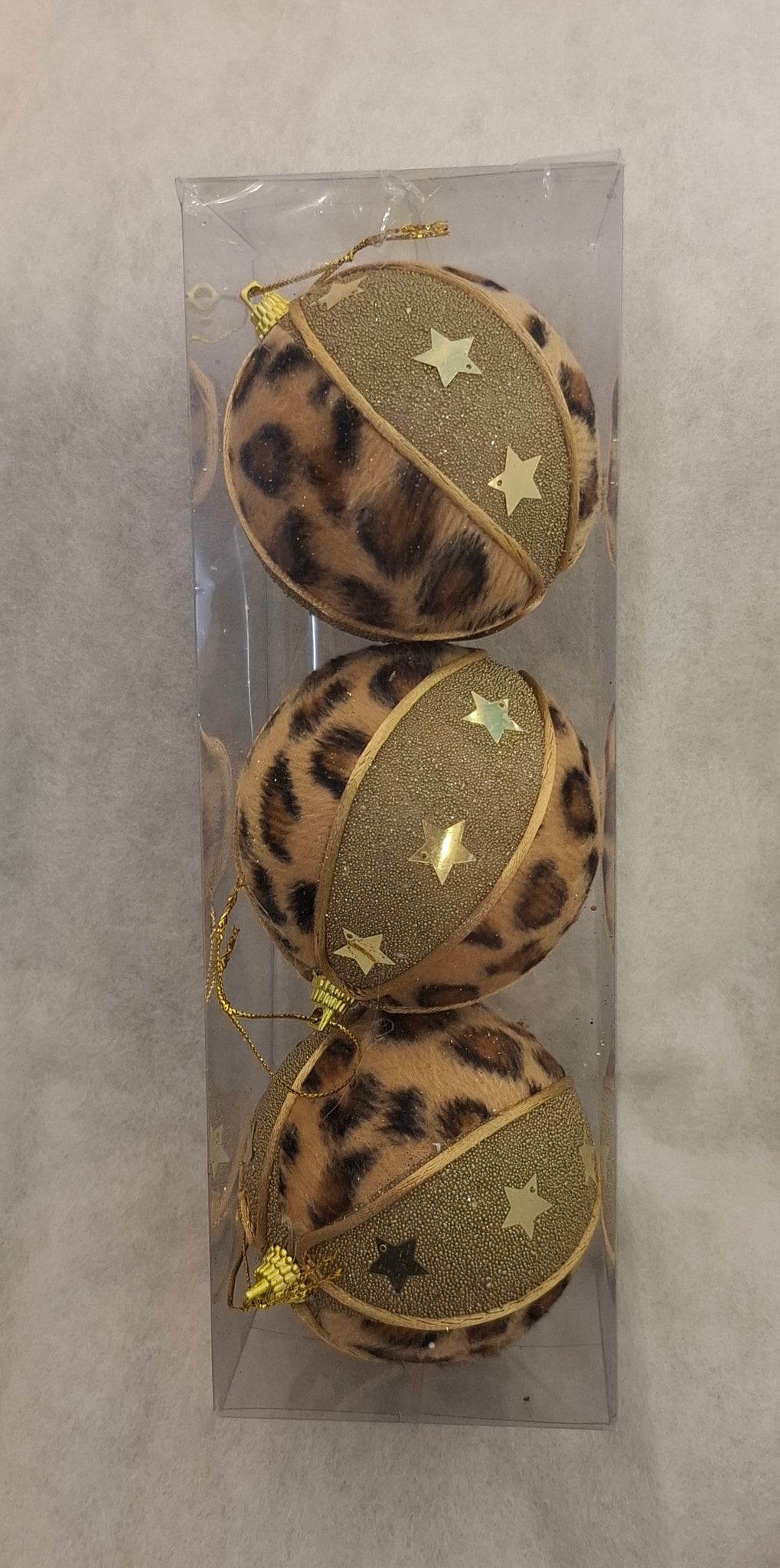 3 Christmas Baubles - Gold and Leopard print - 7cm - Strings Attached