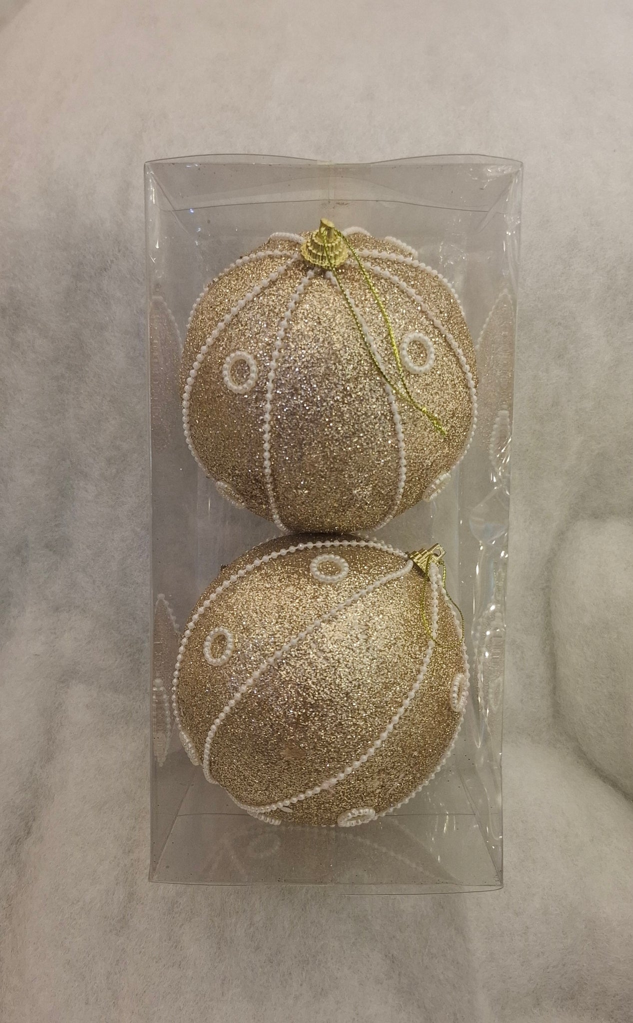 2 Christmas Baubles - Gold with pearl design - 10cm - Strings Attached