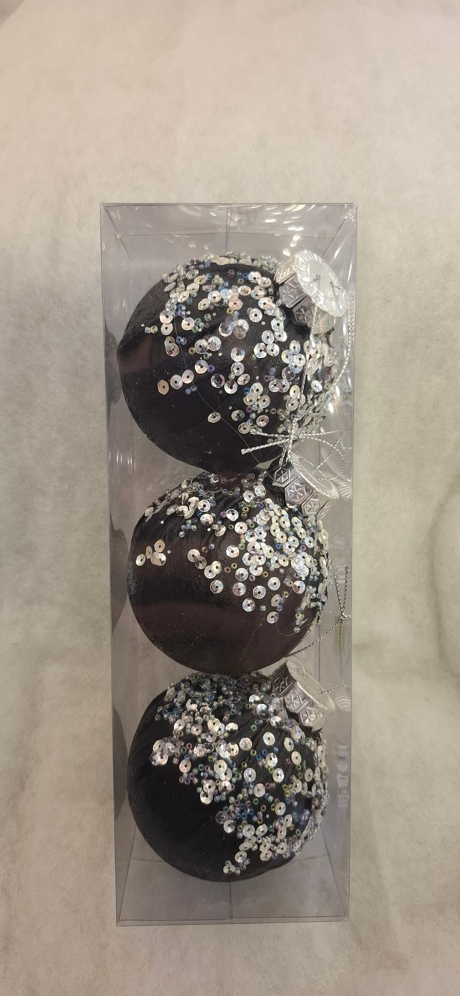 3 Christmas Baubles - Black Satin and Silver Sequins- 7cm - Strings Attached