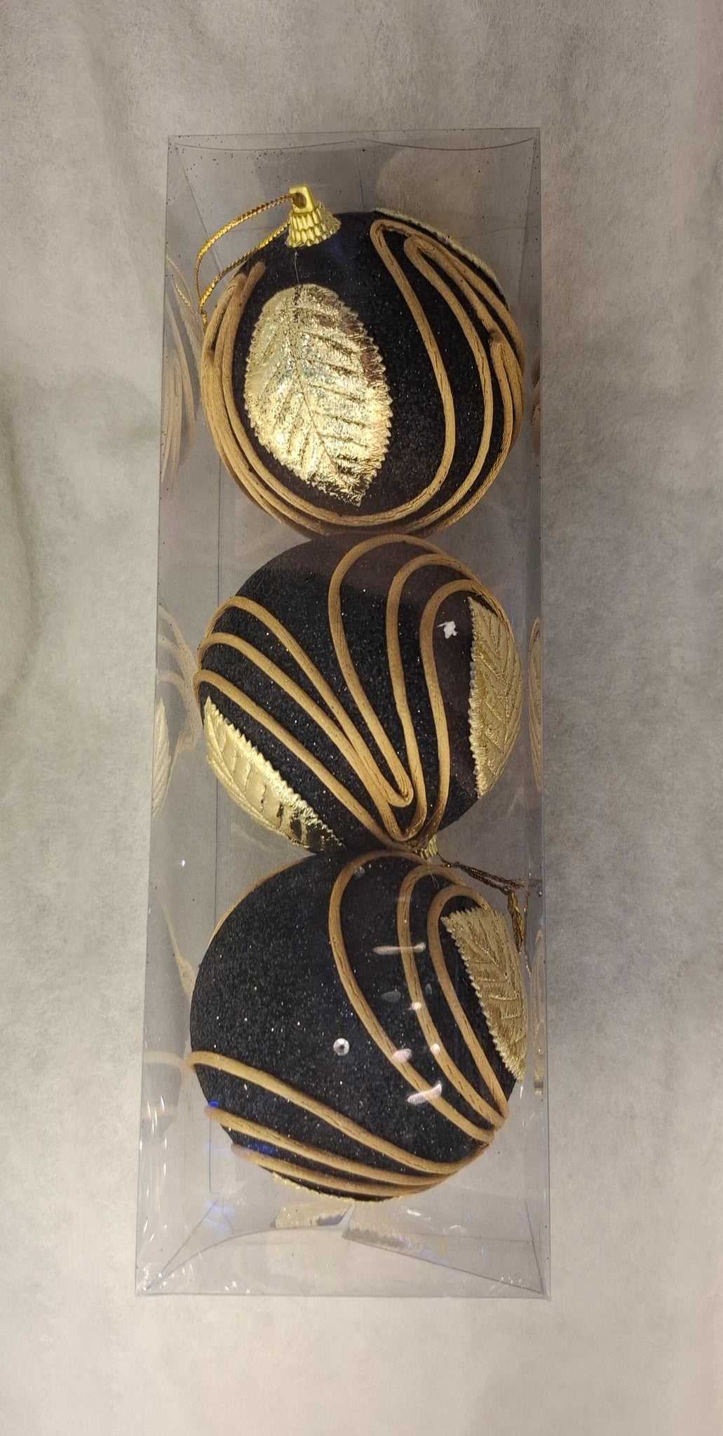 3 Christmas Baubles - Black glitter and Gold Leaf design 7cm - Strings Attached
