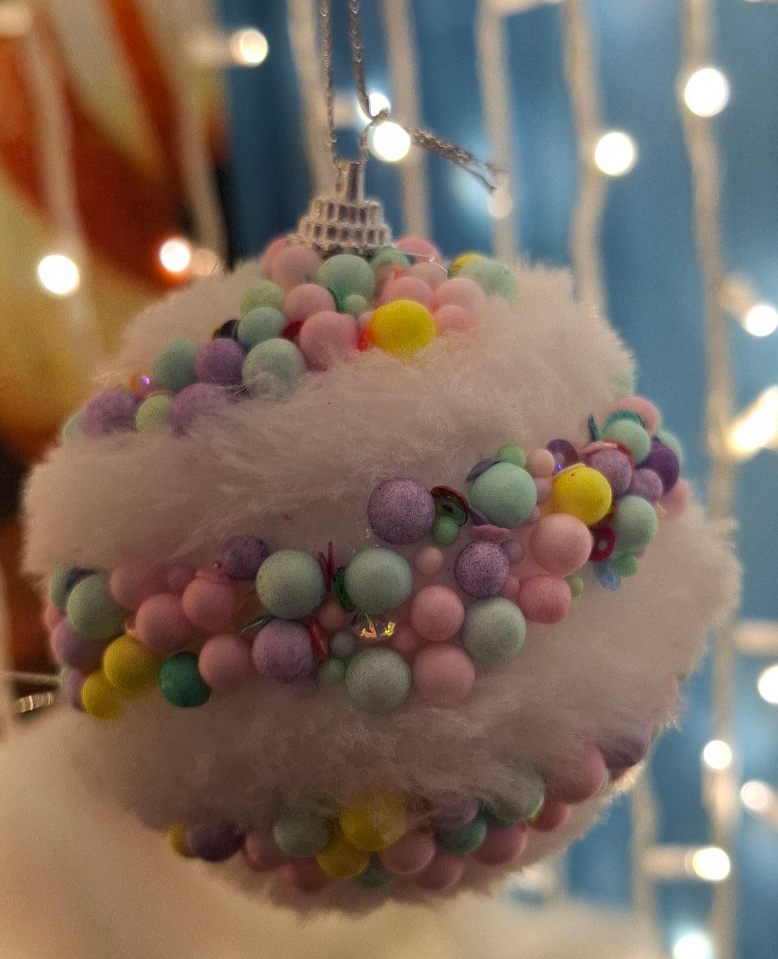 3 Christmas Baubles - White fur and Multicoloured Swirl- 7cm - Strings Attached