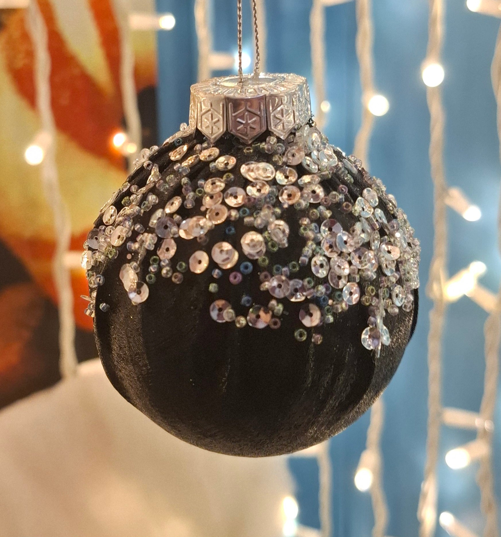 3 Christmas Baubles - Black Satin and Silver Sequins- 7cm - Strings Attached