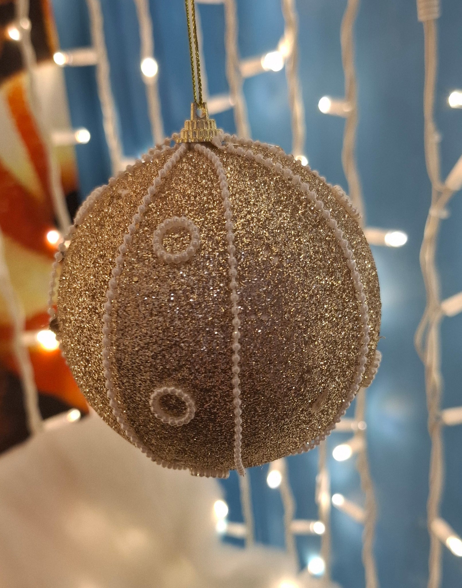 2 Christmas Baubles - Gold with pearl design - 10cm - Strings Attached