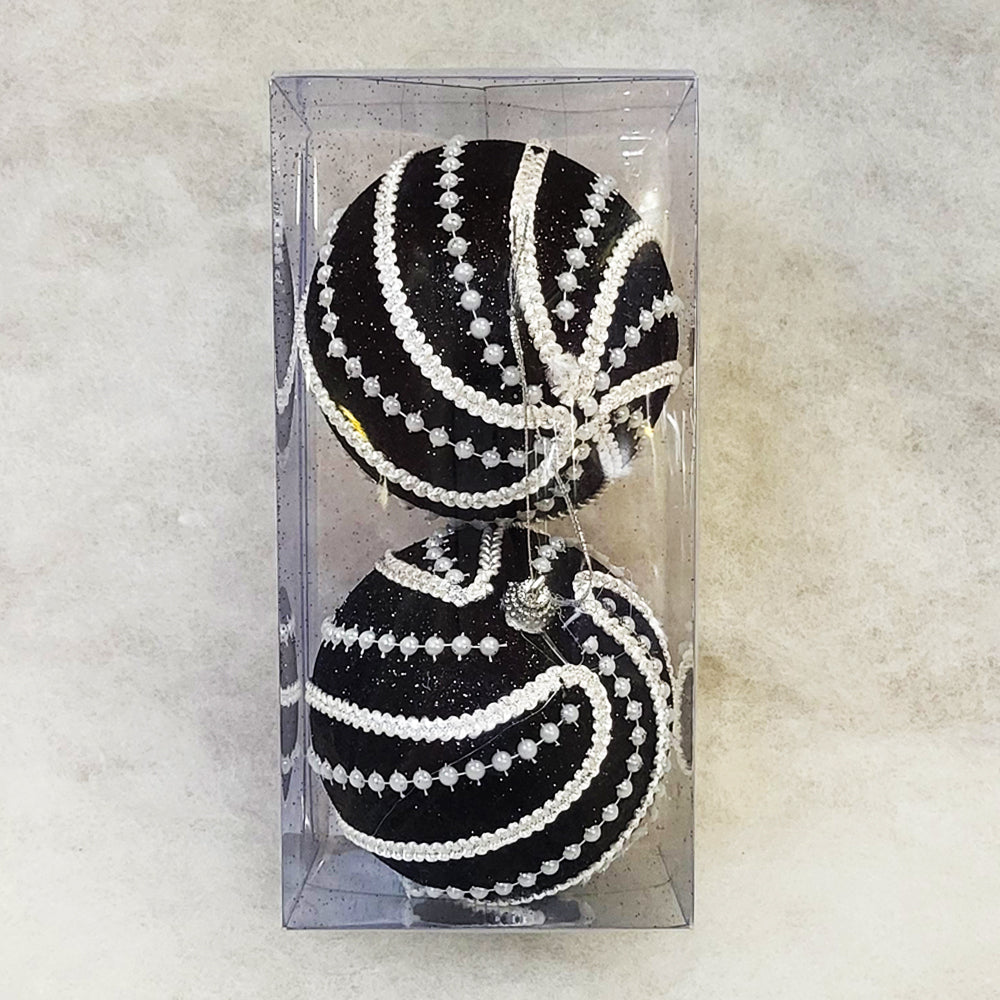 2 Christmas Baubles - Black with White Pearls - 10cm - Strings Attached