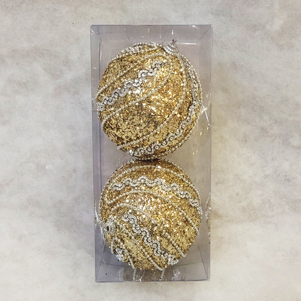 2 Christmas Baubles - Gold with Silver Designs - 10cm - Strings Attached