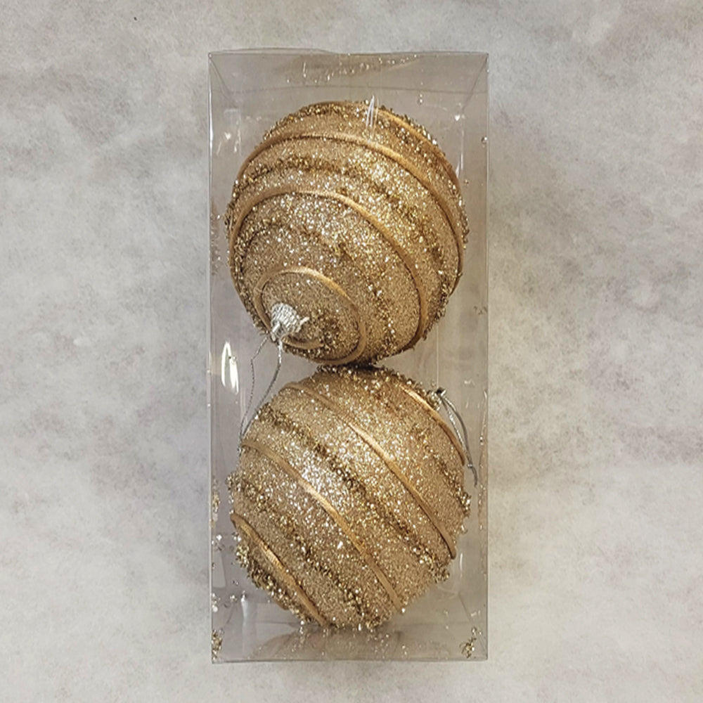 2 Christmas Baubles - Gold with Gold Swirls - 10cm - Strings Attached