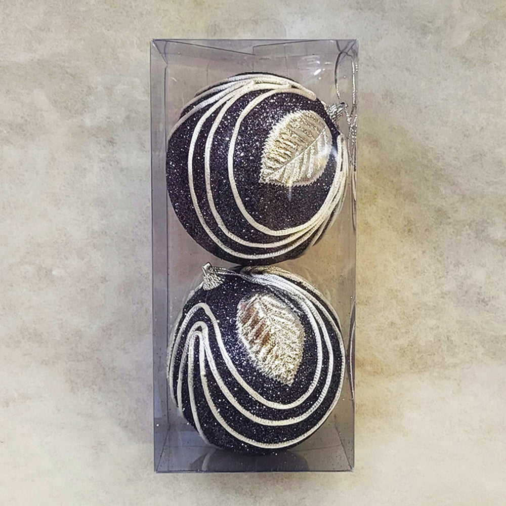2 Christmas Baubles - Navy Black with Silver Leaf - 10cm - Strings Attached