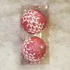 2 Christmas Baubles - Pink with White Lace Designs - 10cm - Strings Attached