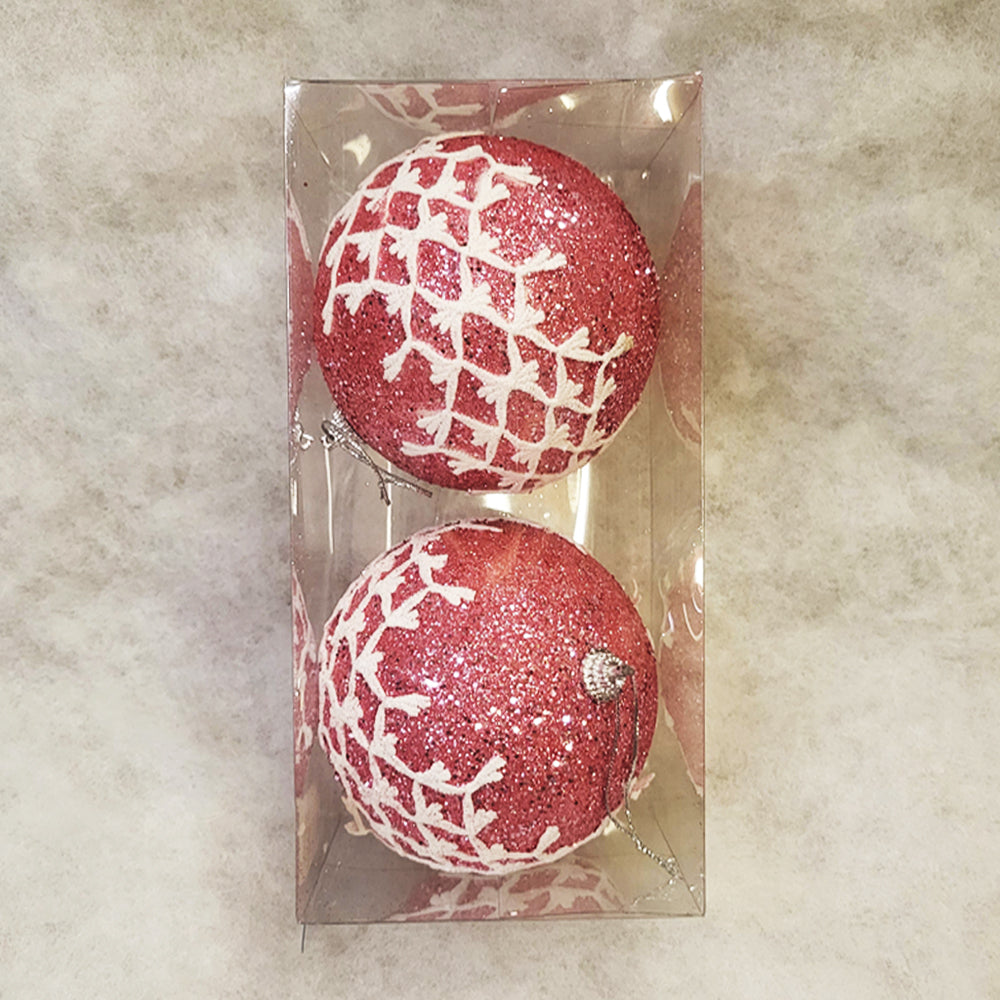2 Christmas Baubles - Pink with White Lace Designs - 10cm - Strings Attached