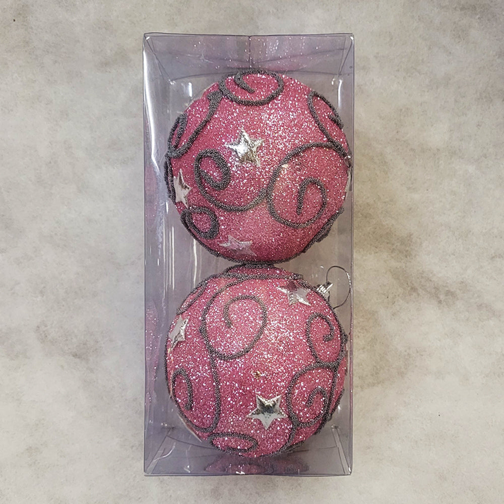 2 Christmas Baubles - Pink with Silver Stars - 10cm - Strings Attached