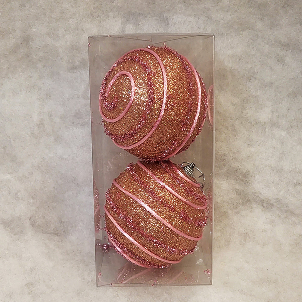 2 Christmas Baubles - Pink with Pink Swirls - 10cm - Strings Attached