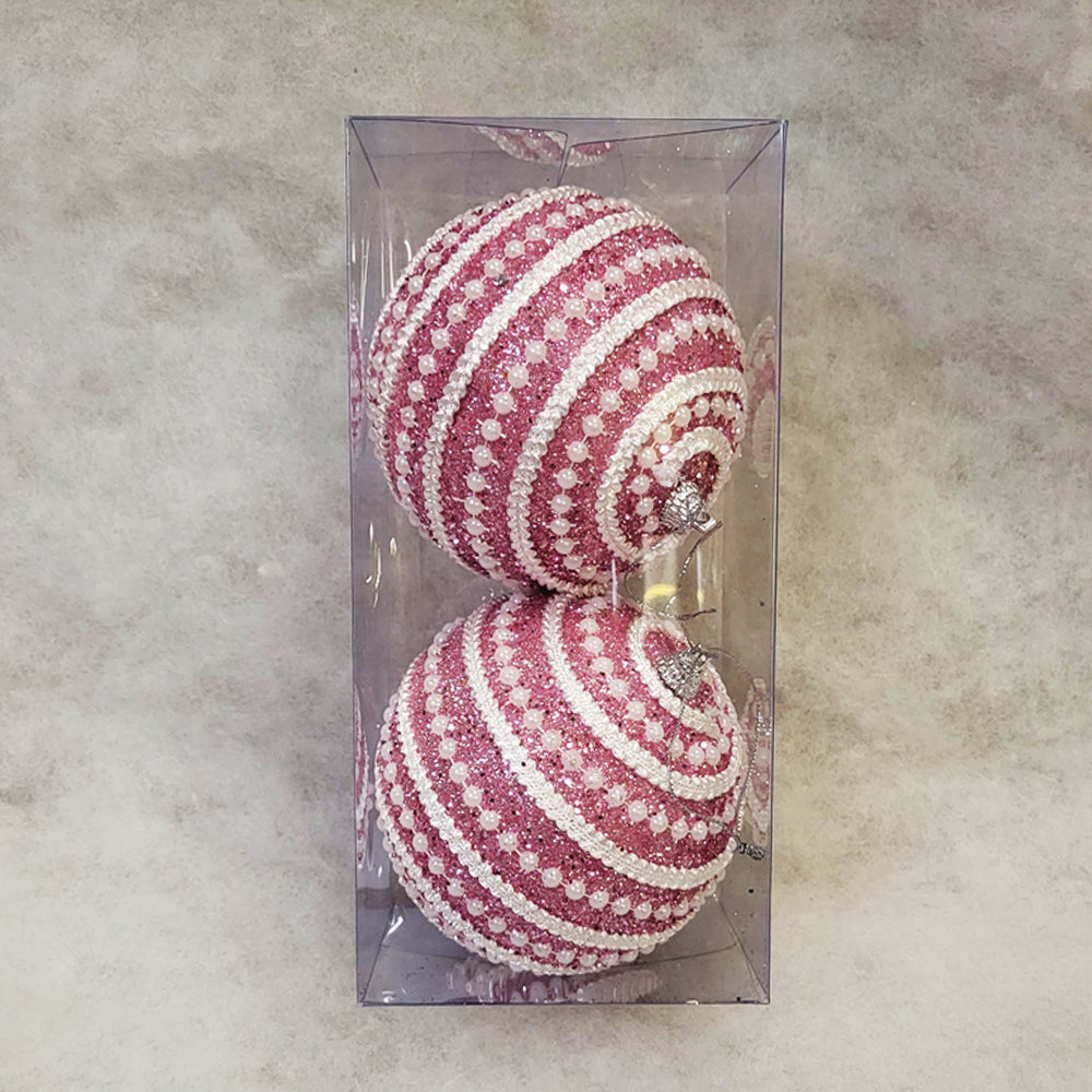 2 Christmas Baubles - Pink with White Pearls and Swirls - 10cm - Strings Attached