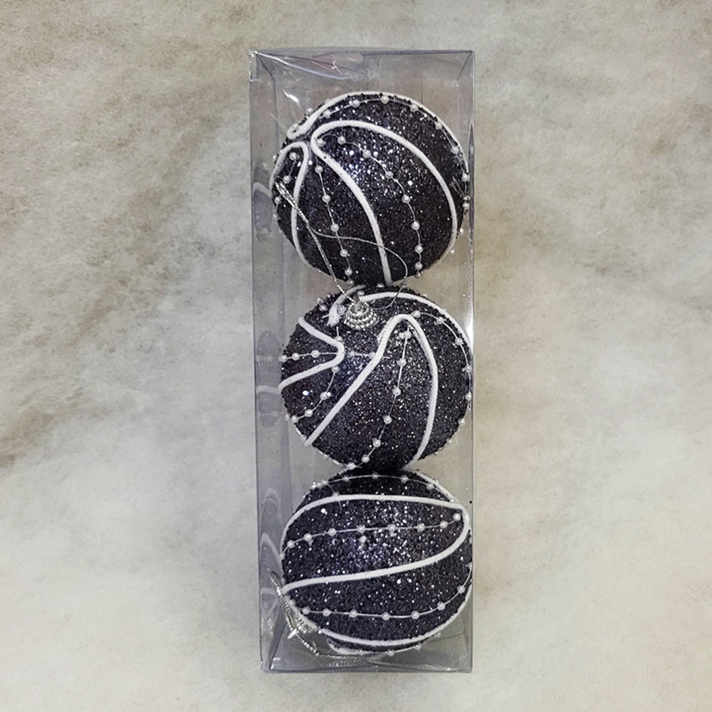 3 Christmas Baubles - Navy Black with White Designs - 8cm - Strings Attached