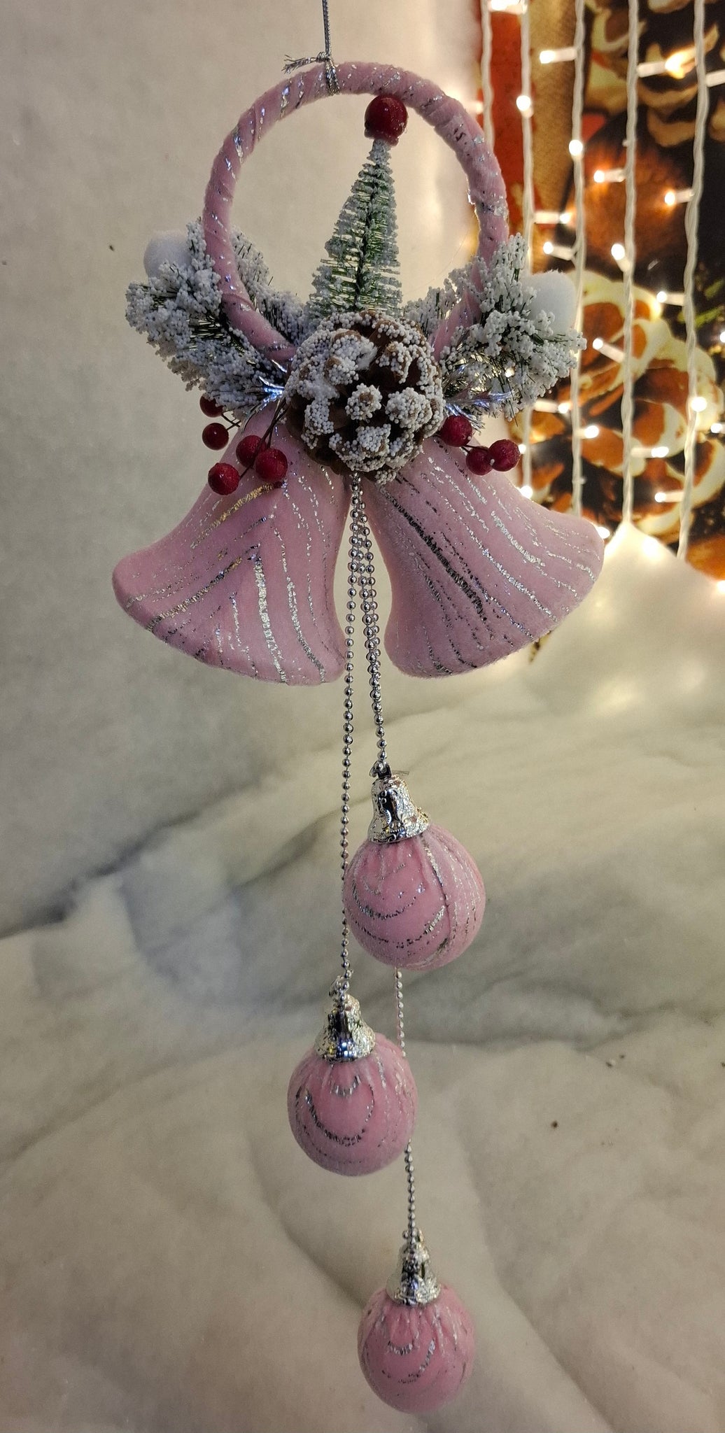 Pink and Silver Velvet Bells Hanging Decoration