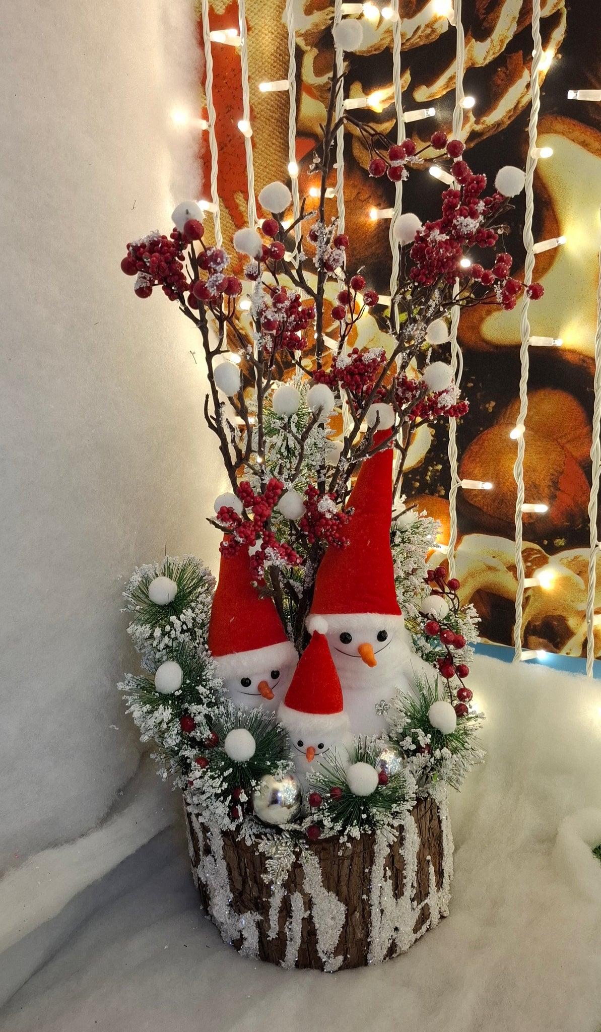 3 x Snowmen on Wood-Effect Log