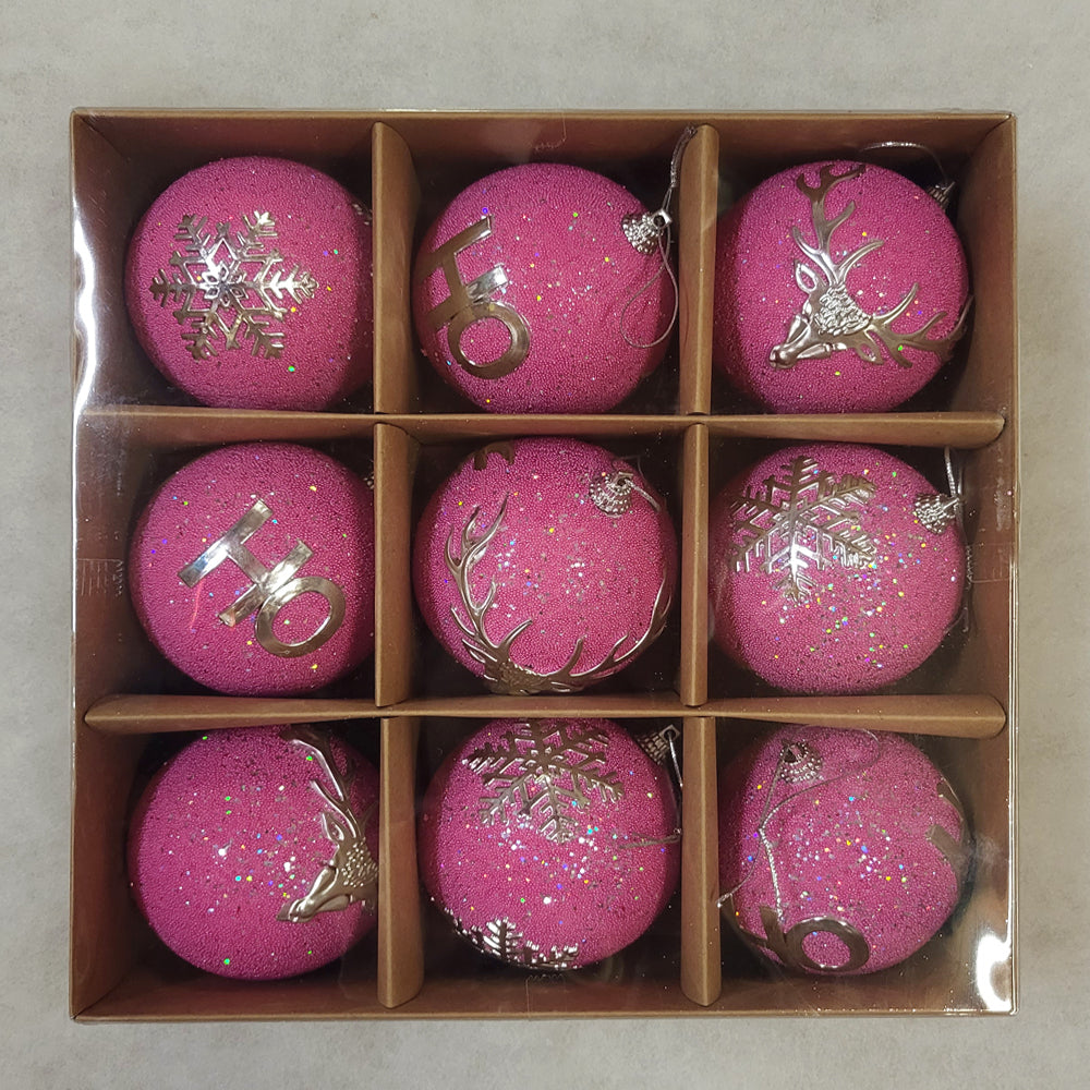 9 Christmas Baubles - Cerise Pink - 8cm - Strings Attached