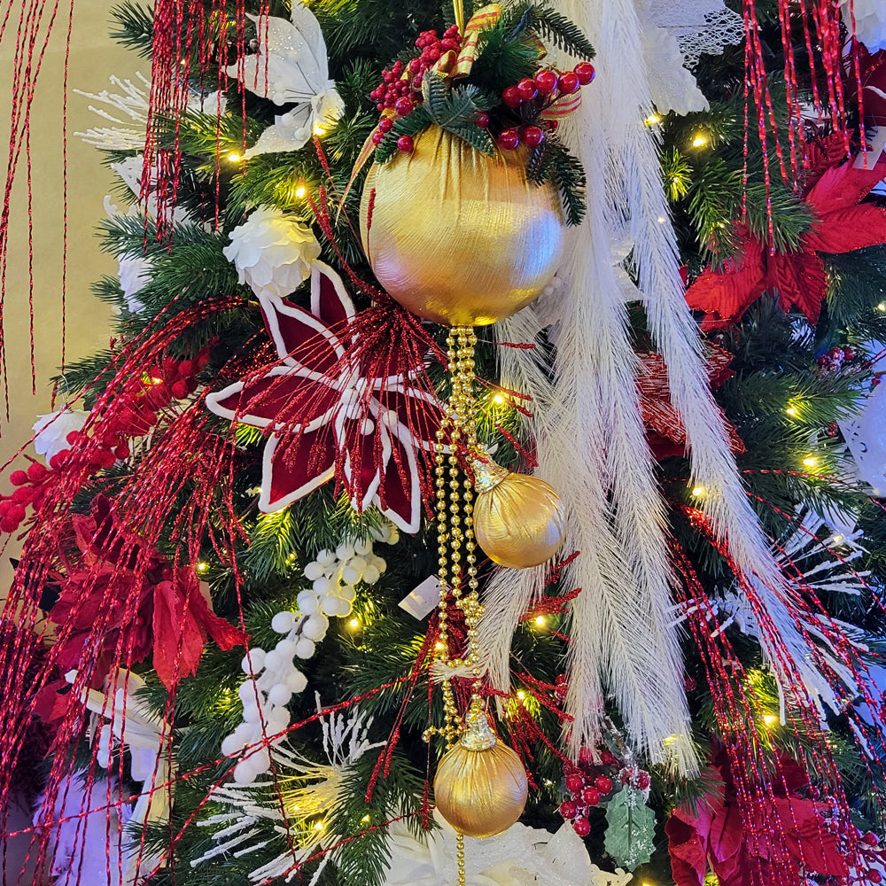 Large Gold Christmas Bauble with Bow and Evergreen Decorations