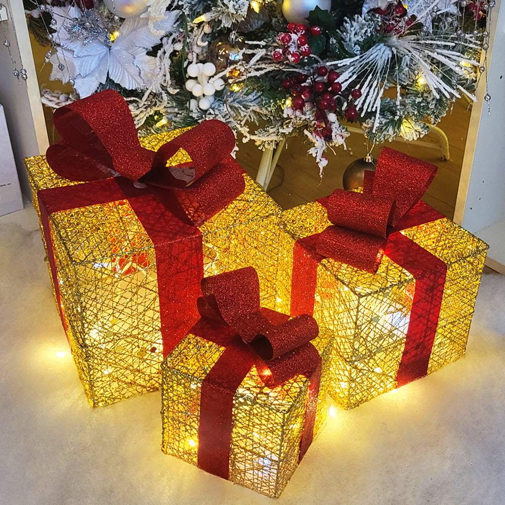 Set of 3 LED Light-Up Gold and Red Christmas Gift Box Decorations