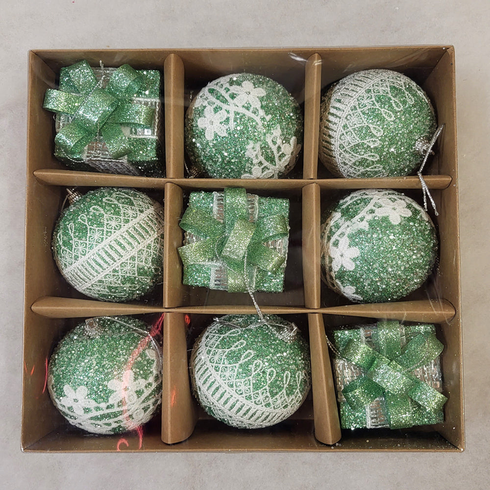 9 Christmas Baubles - Christmas Green - 8cm - Strings Attached
