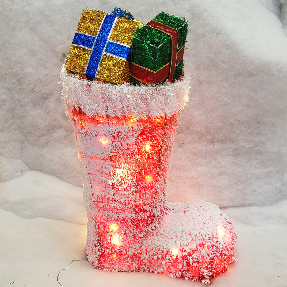 Festive LED Light-Up Red Snowy Boot Filled with Gifts Decoration