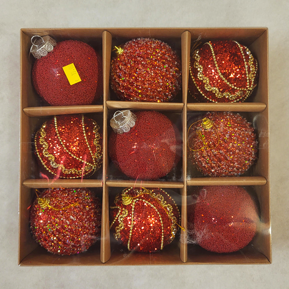 9 Christmas Baubles - Crimson Red - 8cm - Strings Attached