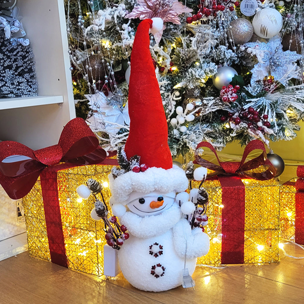LED Light-Up Snowman Ornament with Red Hat and Branch Arms