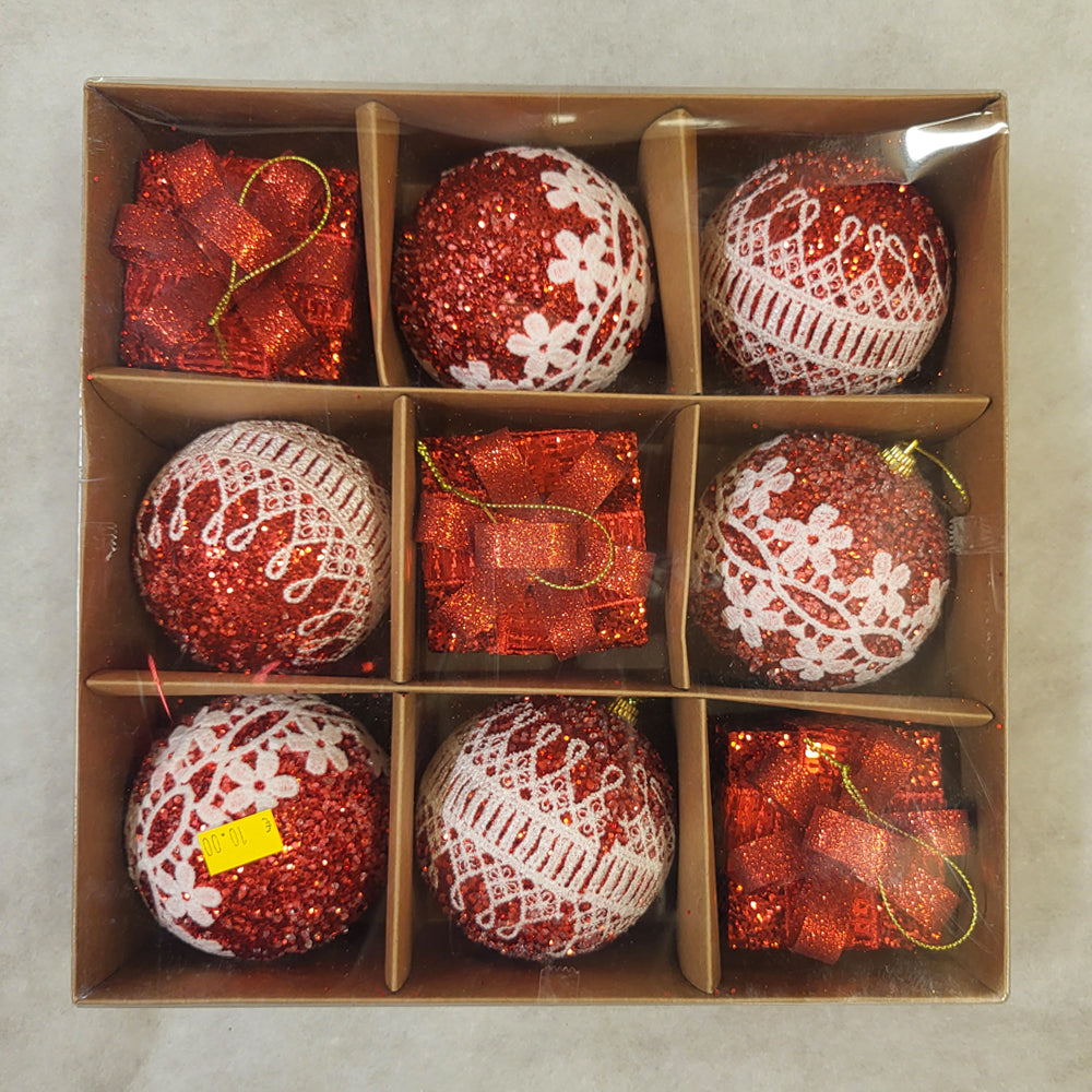 9 Christmas Baubles - Christmas Red - 8cm - Strings Attached