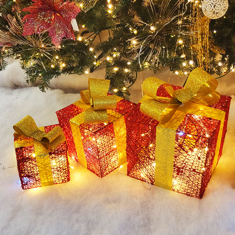 Set of 3 LED Light-Up Red and Gold Christmas Gift Box Decorations