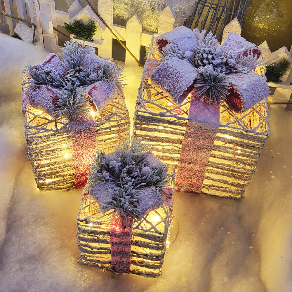 Set of 3 LED Light-Up Snowy Christmas Gift Box Decorations