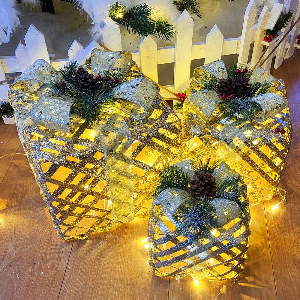 Set of 3 LED Light-Up Glittery Gold Christmas Gift Box Decorations with Ribbon & Festive Accents