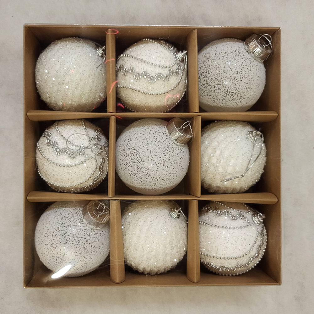 9 Christmas Baubles - Silver White - 8cm - Strings Attached
