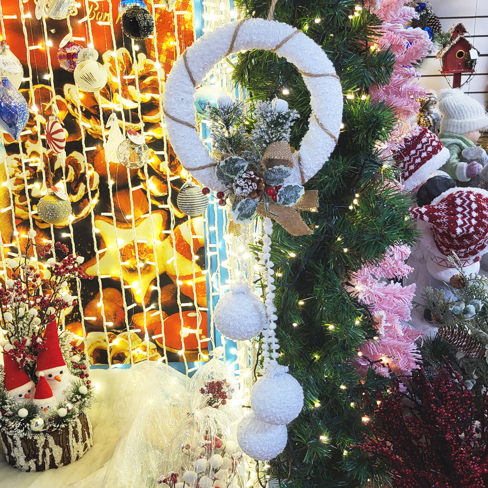 White Christmas Wreath with Baubles and Pine Decorations
