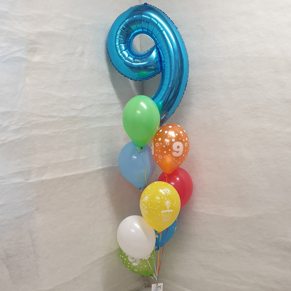 Birthday Balloon Bouquet - 9 Balloons - Jumbo Numeral & Others