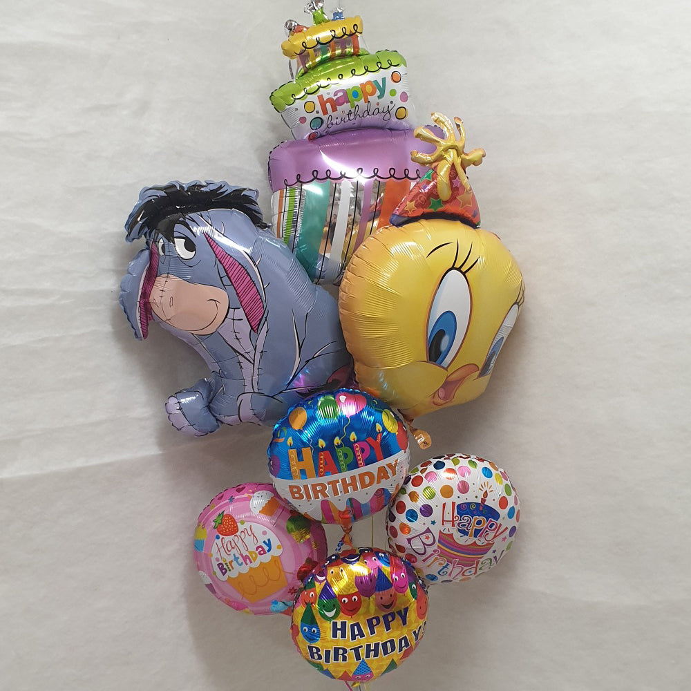 Birthday Cake Bouquet - 7 Balloons - Shape Character And Birthday Foil
