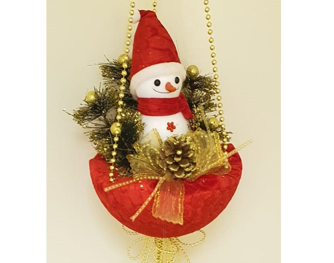 Snowman in red basket with baubles