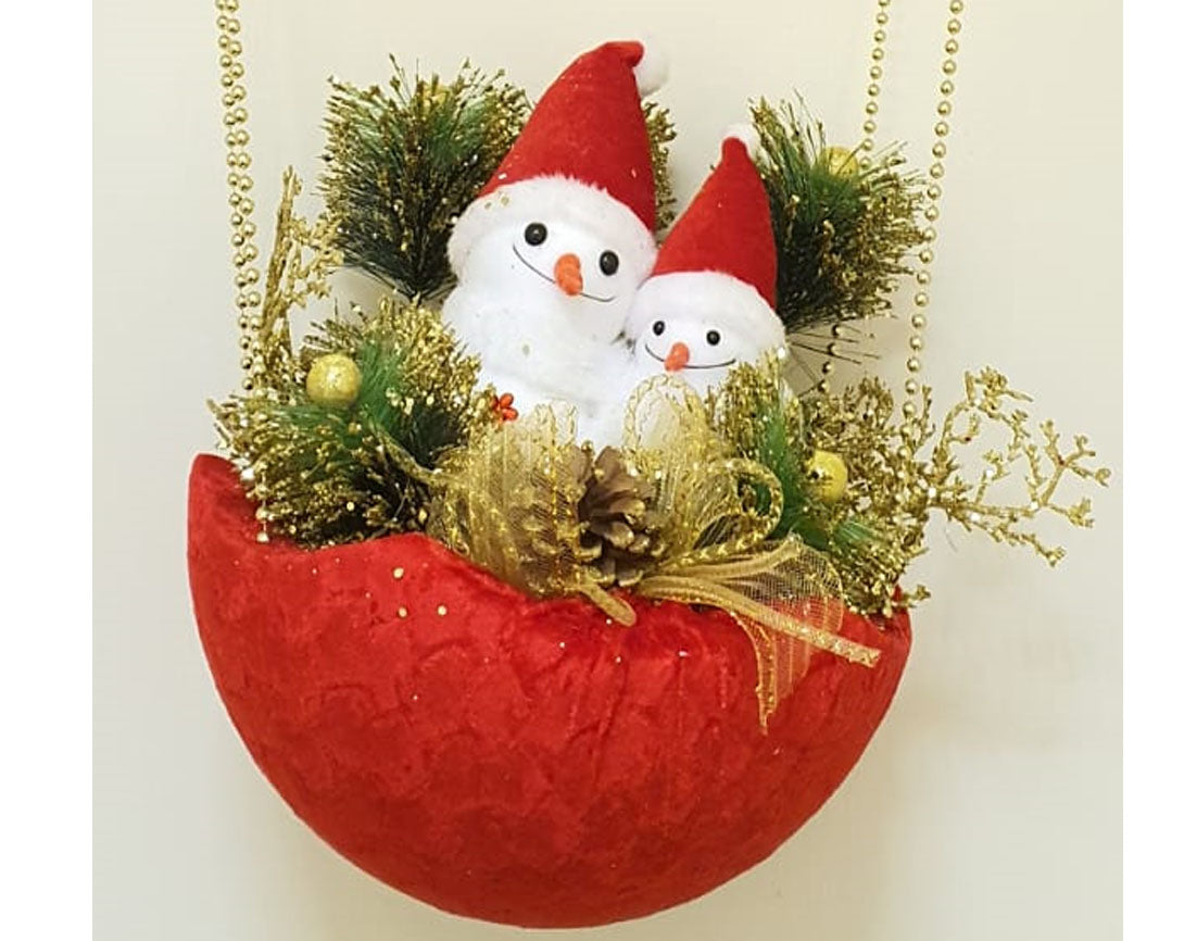 Two snowmen in red basket with gold beads