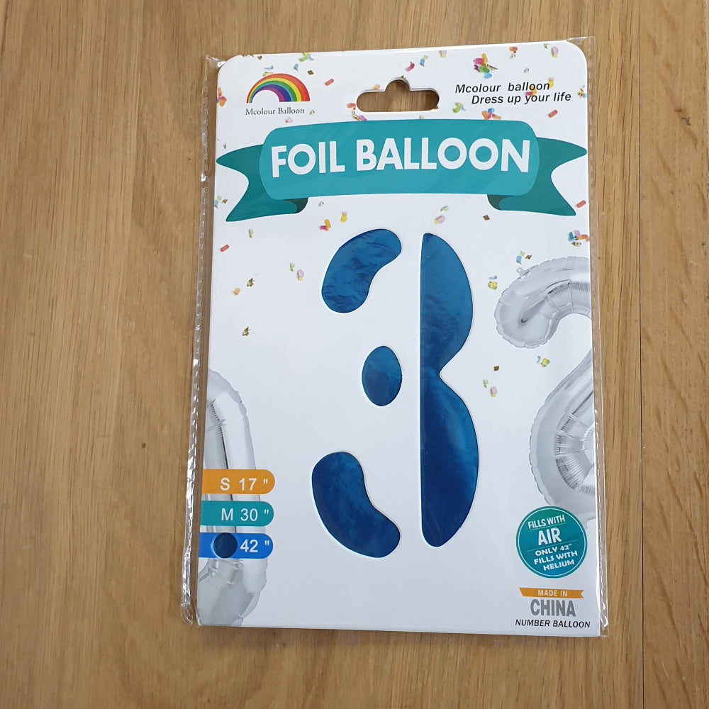 Blue Number 3 Balloon - 42" foil Balloon - uninflated