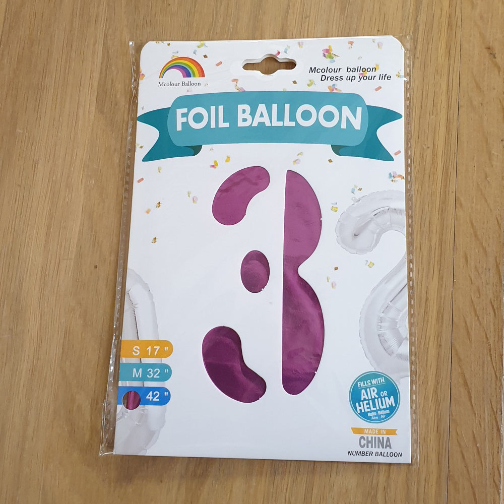 Pink Number 3 Balloon - 42" foil Balloon - uninflated