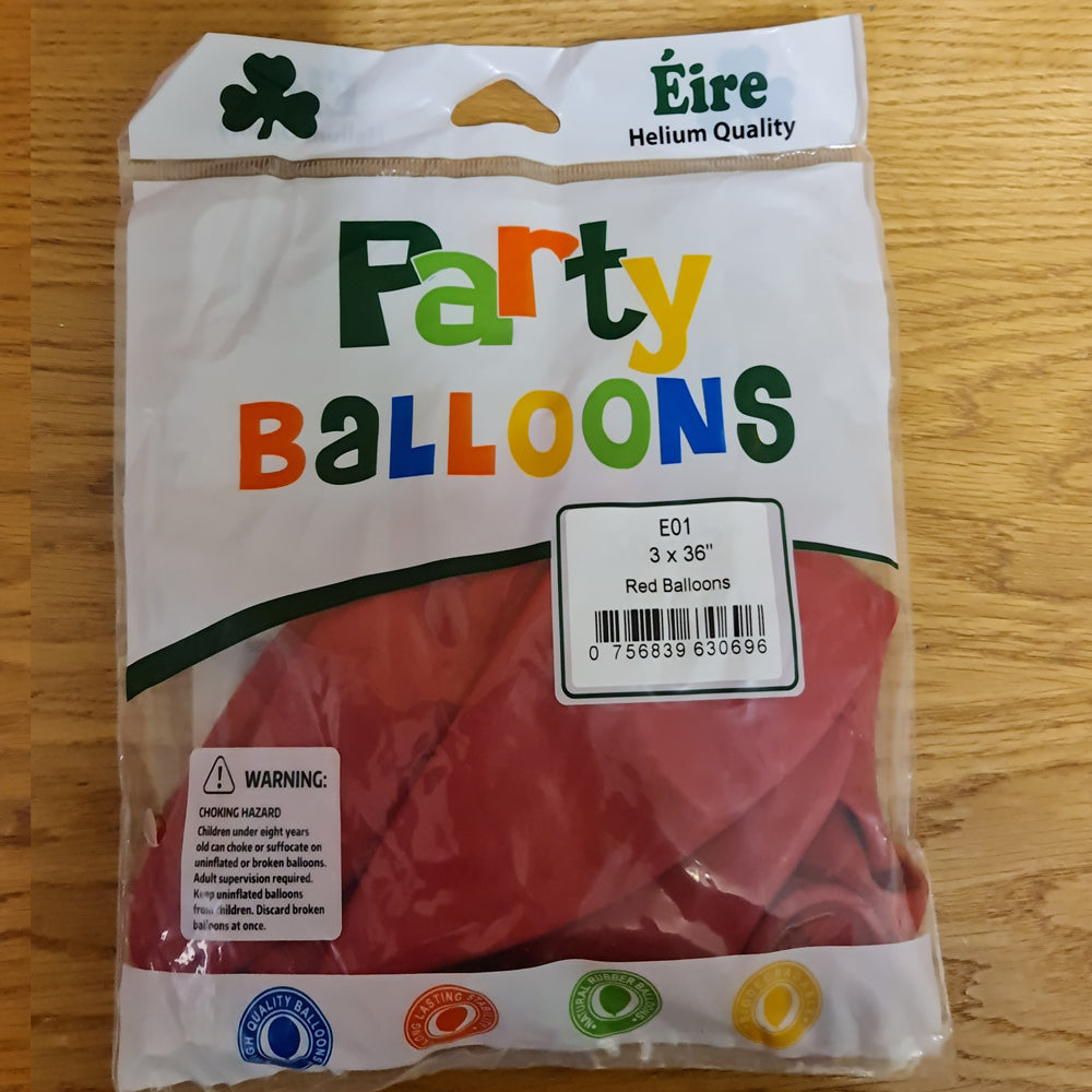 Red Balloons - E01 bag of 3 Eire Pastel Red Balloons