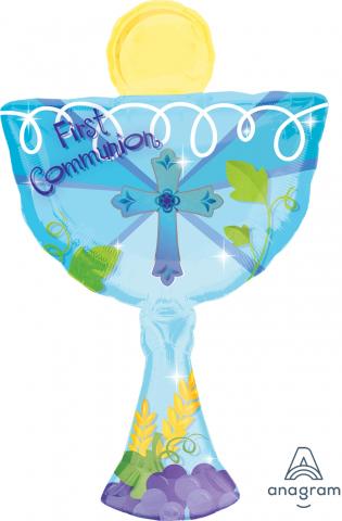 Blue First Communion Chalice Supershape Foil balloon - **UNINFLATED**