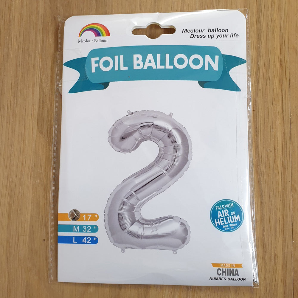Silver Number 2 Balloon - 17" foil Balloon - uninflated