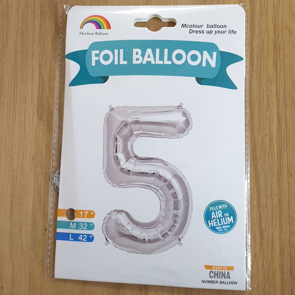 Silver Number 5 Balloon - 17" foil Balloon - uninflated