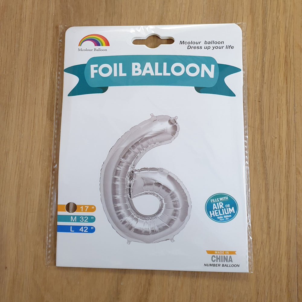 Silver Number 6 Balloon - 17" foil Balloon - uninflated