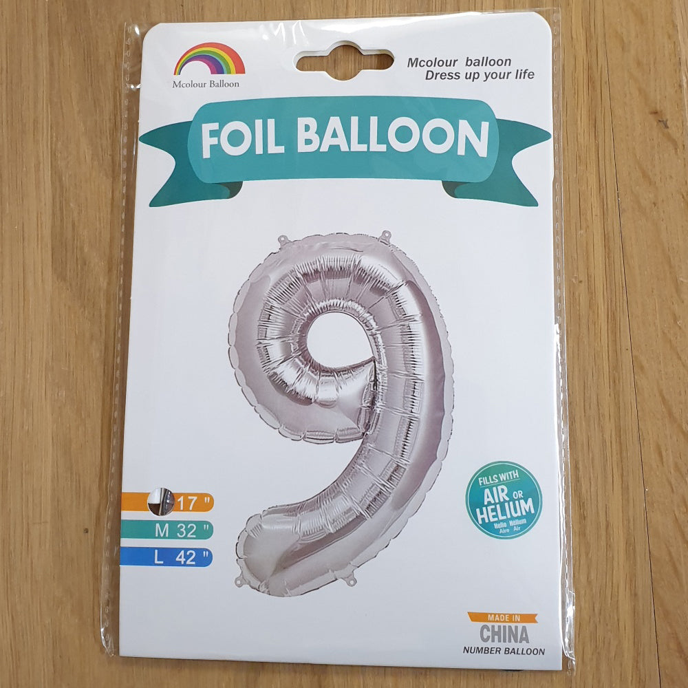 Silver Number 9 Balloon - 17" foil Balloon - uninflated