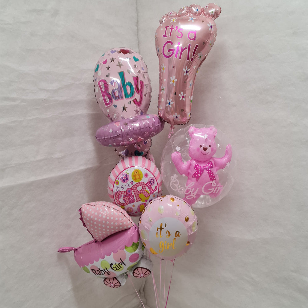 Baby Girl Balloon Bouquet! 6 Balloons - Teddy In A Bubble, Soother & Others